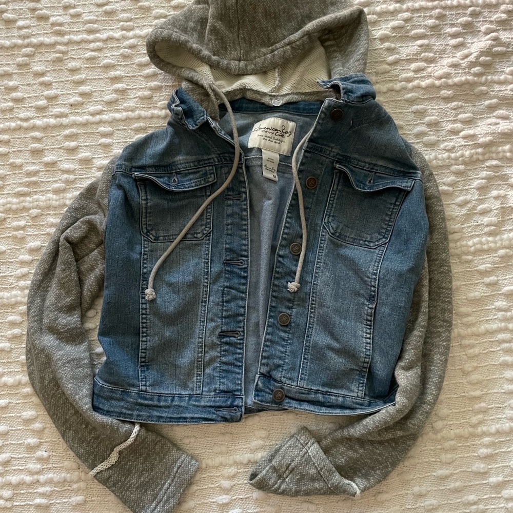 American Rag Blue Denim and Gray Hooded Jacket